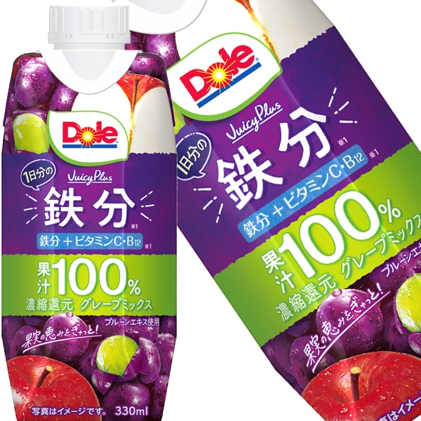メグミルク Dole Juicy Plus 1日分の鉄分 グレープジュース ぶどうジュース ドール フルーツジュース 果汁100％ 330mlボトル缶36本[12本3箱]【