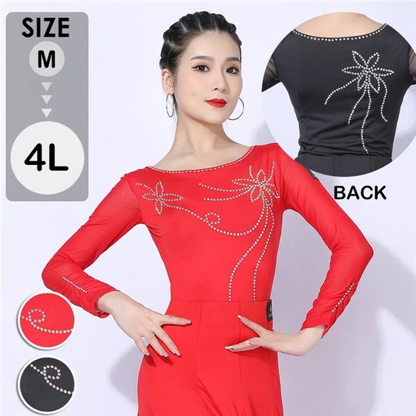 社交ダンス トップス 女性 衣装 社交ダンス衣装 長袖 上着 競技着 モダン ラテン レディース 社交 練習着 ワルツ チャチャチャ ステージ 演出着 【M/L/XL/2XL/3XL】 ブラック レッ