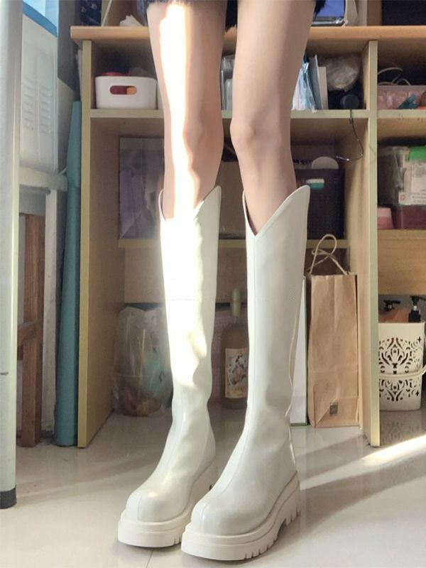 [急速出荷]2024春秋の新作女性用白ロングブーツ厚底小高スリムブーツプラスベルベットv口ナイトブーツ