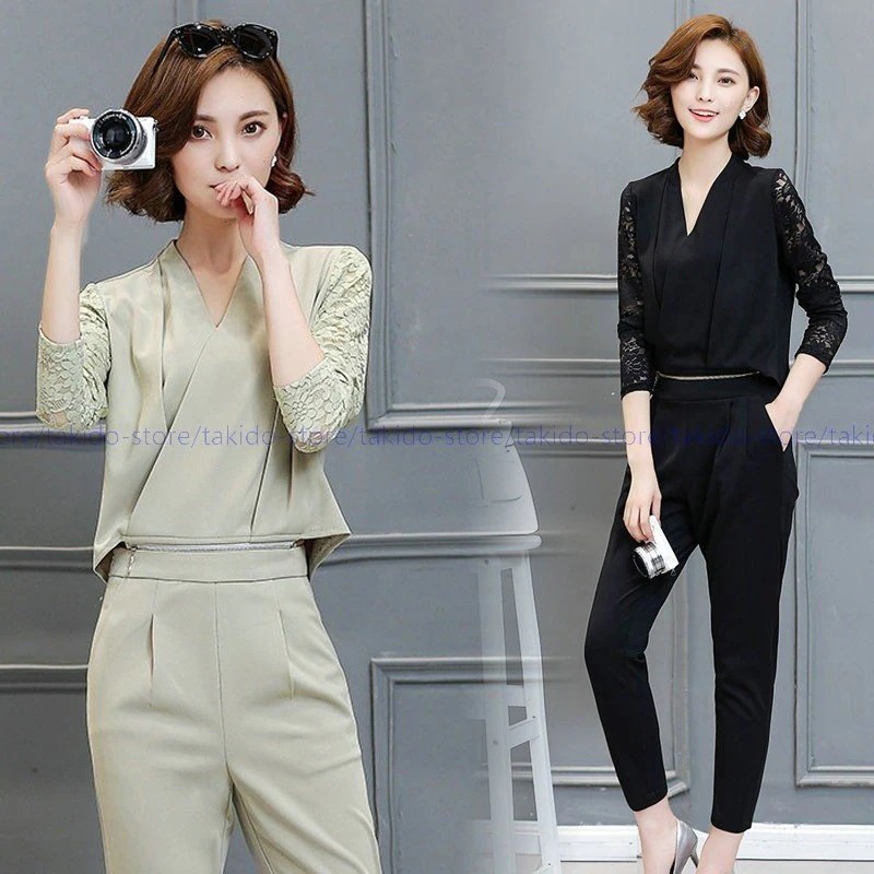 オールインワン レディース セットアップ パンツドレス トップス パーティードレス レース 長袖 着