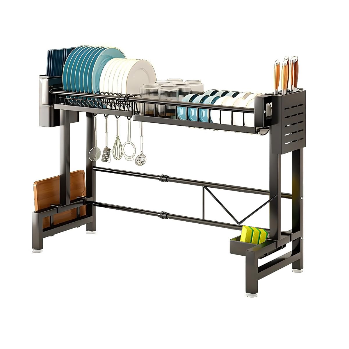 水切りラック,水切りラック シンク上食器 2段式水切りかご 台所用品ホルダ キッチン収納棚 大容量 滑り止め 省スペース 箸収納 まな板立て ステンレス製 組み立て簡単調整可能（W62-100CM)