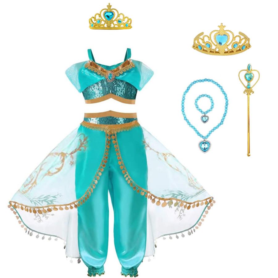 【期間特恵】 新作先行発売ジャスミン ドレス 子供 コスプレ 衣装 豪華６点 セット ( プリンセス ドレス上下 ティアラ ネックレス ブレスレット ステッキ ) 100 110 120 130 14