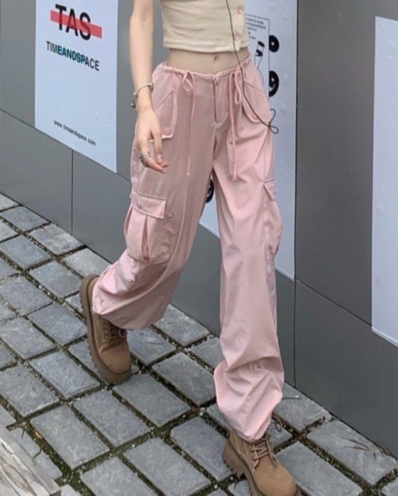 パンツ レディース カーゴ ストレート ワイド 裾ひも ドローストリング ポケット 楽ちん かわいい ゆったり カジュアル ラフ お洒落 クール 普段使い アウトドア 学生 無地 ピンク フリーサイズ