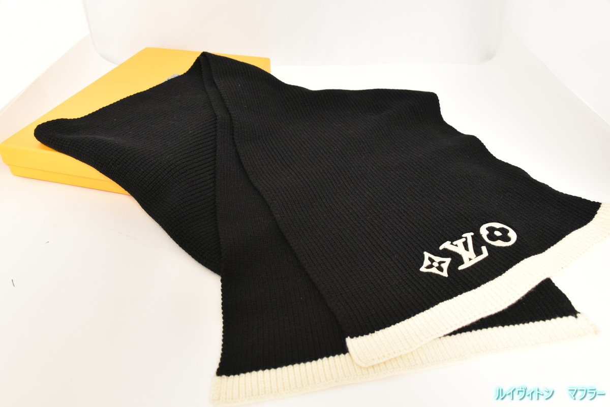 極美品 カシミア シルク マフラー モノグラム 黒 白 箱付