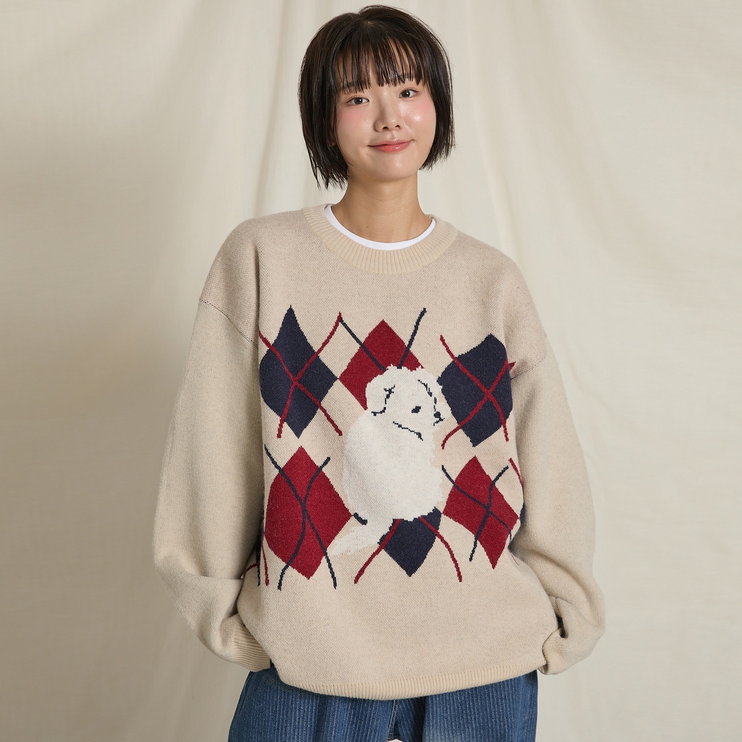 Maltese Argyle Crewneck Knit OATMEAL