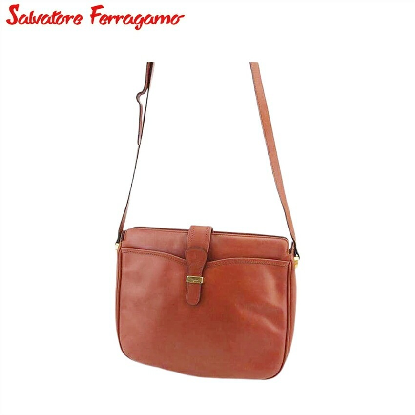 ショルダーバッグ 斜めがけショルダー バッグ ロゴ レディース メンズ ブラウン ゴールド 中古