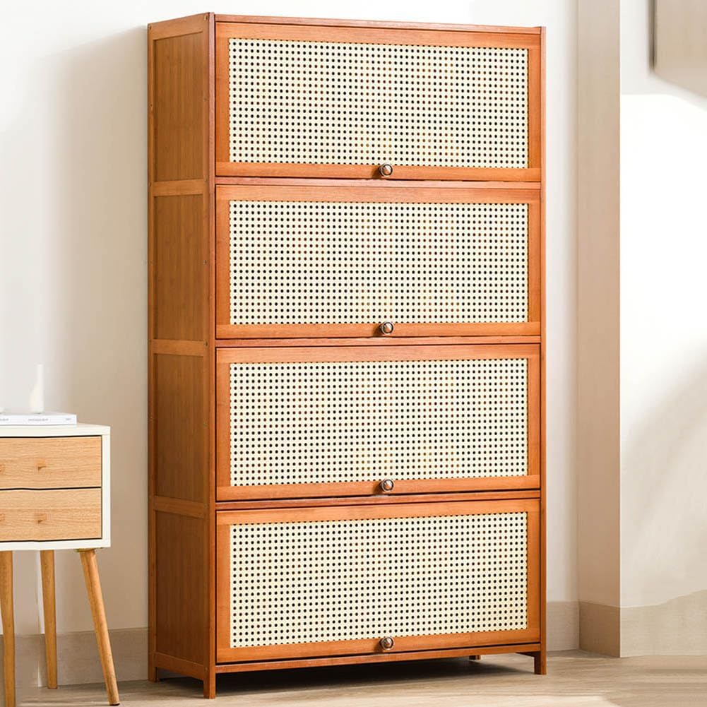 天然竹製 扉付き 薄型 省スペース 消臭 組立式 靴収納キャビネット 4段 幅60cm ブラウン