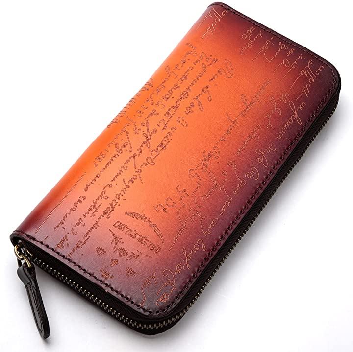 長財布 メンズ イタリアンレザー ラウンドファスナー 本革 牛革 大容量( オレンジ)