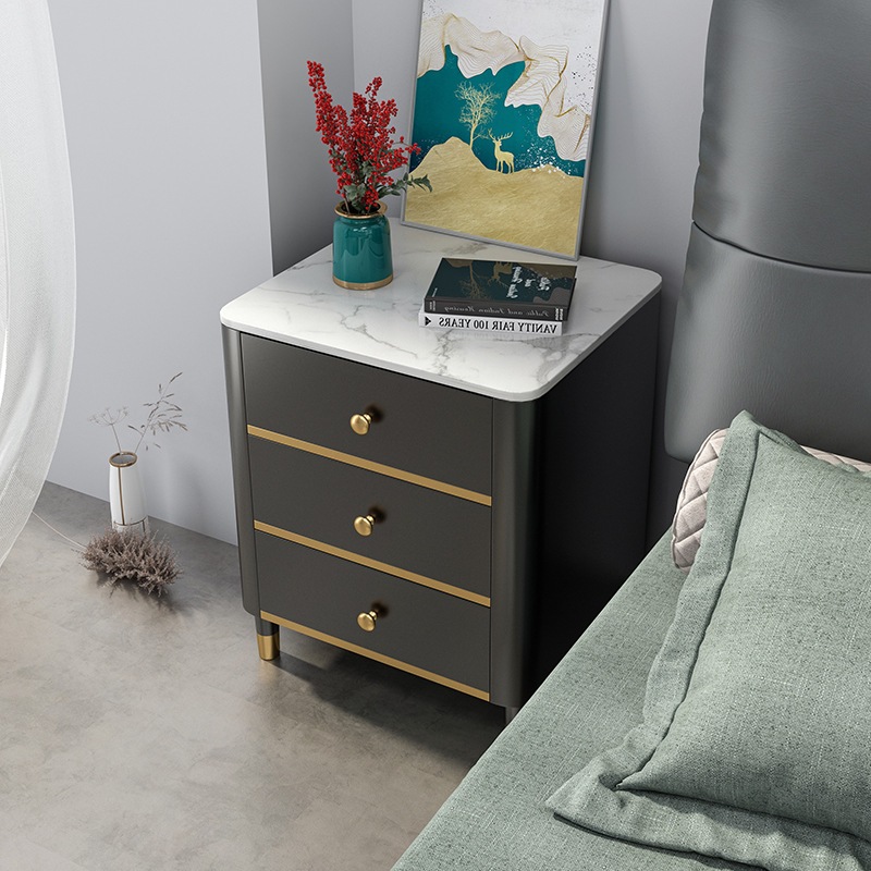 高品質スレート天板のベッドサイドテーブル おしゃれ かわいい モダン インテリア 収納キャビネット 引き出しチェスト 無垢材 ブラック