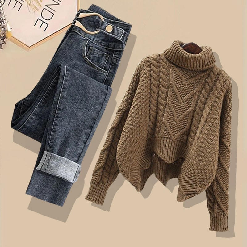 【SNSで話題沸騰】 痩せ見えハイネック裏毛セーター+無地ハイウエストパンツセット