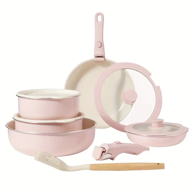 12点セット セラミックコーティング ノンスティック調理器具 取り外し可能ハンドル付き 調理鍋＆フライパン インダクション・ガスコンロ対応 食洗機対応 PFOAフリー 蓋＆キッチン用具付き