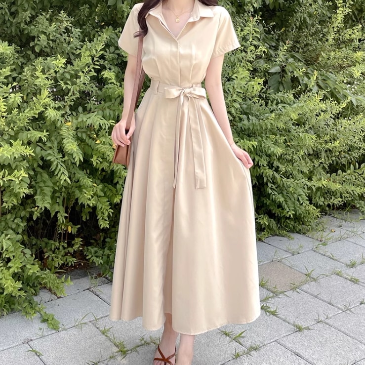 レディース スカート ワンピース シャツワンピ 前開き ロングスカート ロング 半袖 襟付き リボン ウエストマーク ウエストリボン ハイウエスト ボタン かわいい 大人可愛い きれいめ シンプル