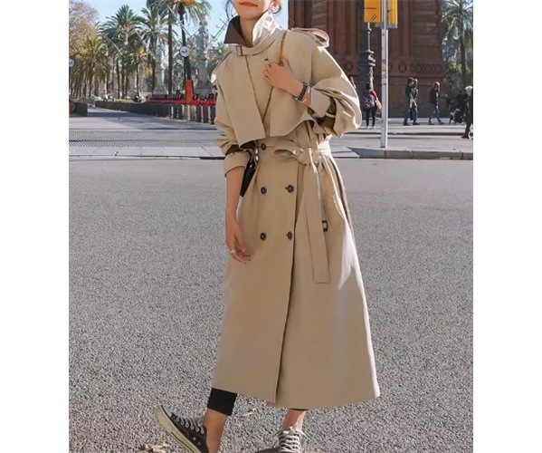 レディース コート アウター 上着 ウィンドブレーカー トレンチ ロング 長袖 襟付き ポロカラー ストレート ベルト ウエストマーク 異国風 切り替えデザイン 薄手 大人可愛い きれいめ 上品
