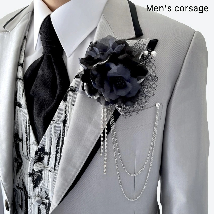 コサージュ　ブラック　黒　ストーン　チェーン　ブローチ　結婚式　披露宴　男　メンズ　男性用　ブライダル　ホスト　ゲスト 4,550円