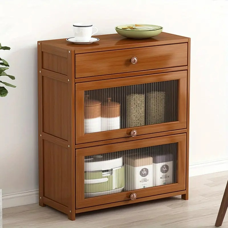 キャビネット 竹製 シンプル オーガナイザー 引き出し付き チェスト キッチン リビング 食器棚 収納 窓付き 大容量 人気 マルチラック 棚付き 4-7