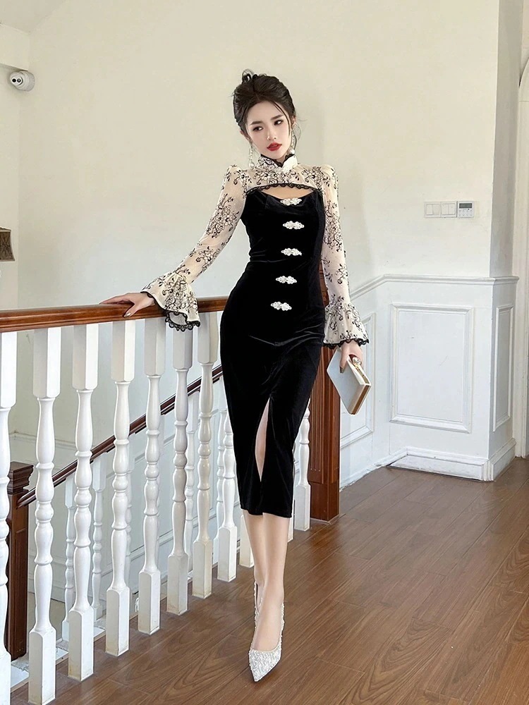 【JY.上品】 チャイナドレス 冬 中華風 ベルベット ワンピース パーティードレス キャバ 着痩せ 大人 お呼ばれ 同窓会 披露宴 卒業式 結婚式 ウェディング 二次会