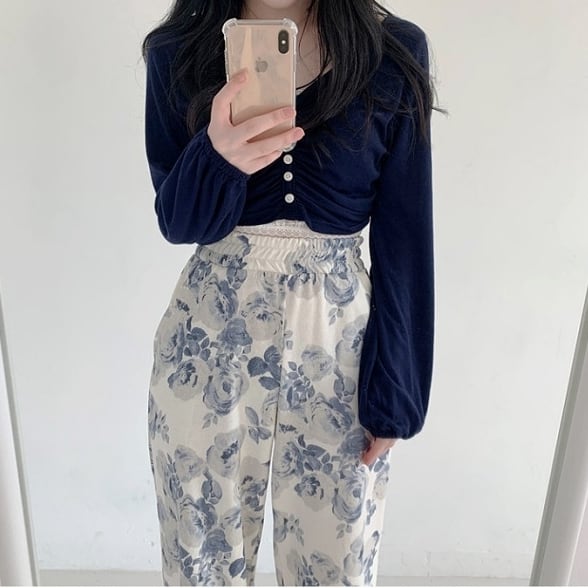 ラフパンツ ボトムス 長ズボン 総柄 花柄 フラワー 花柄 フローラル クラシカル ニュアンスカラー ナチュラルカラー レトロ フレアパンツ スリット ウエストゴム セミフレア パンツ lbot041