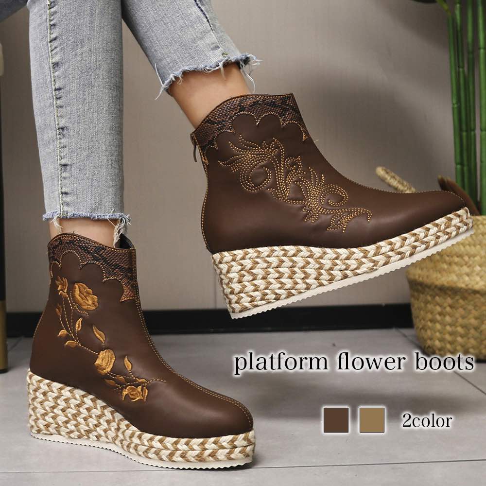 ブーツ レディース 厚底フラワーブーツ スニーカー 厚底 滑らない ウォーキング 4E おしゃれ 防水 歩きやすい 秋 防寒 軽量 暖かい 春 フロント 夏 冬 ローヒール レースアップ ロング 雨