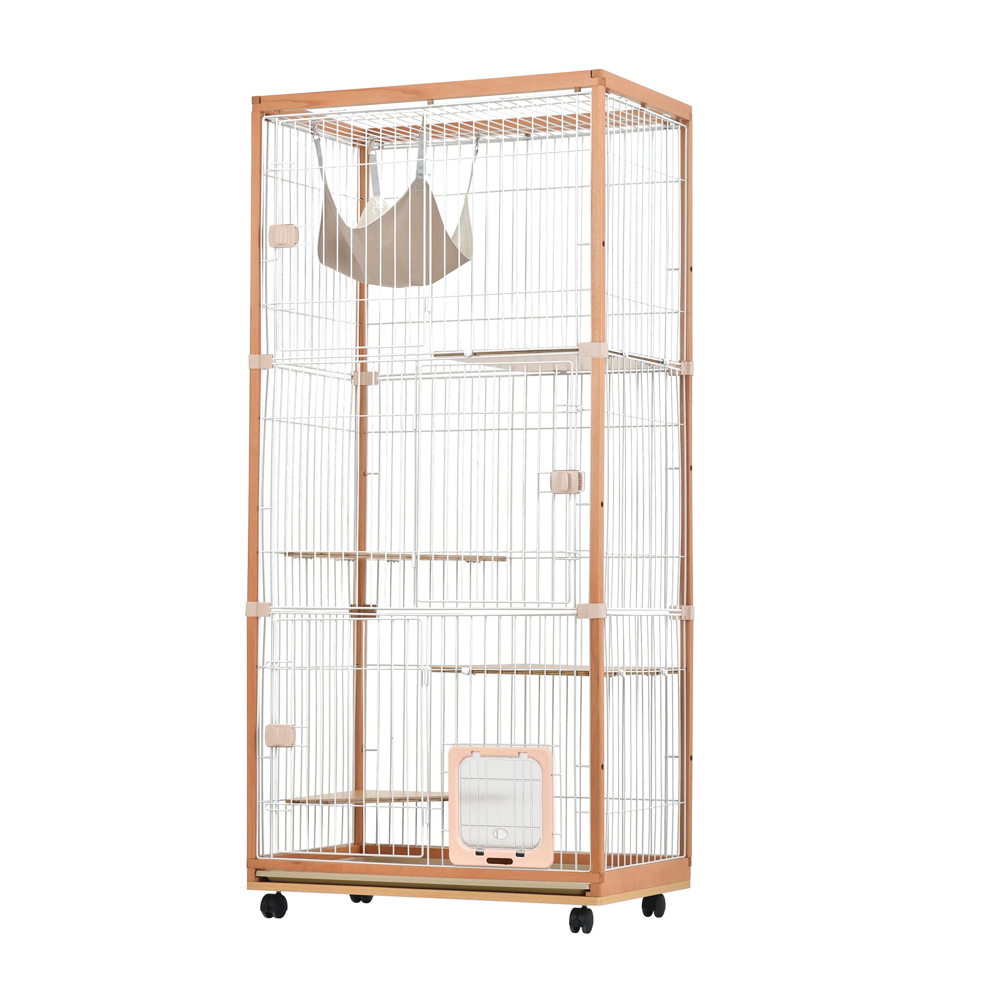 猫 ケージ キャットケージ 3段 木製フレーム ハンモック付 広々 大型 猫ゲージ 高級感 おしゃれ キャットハウス ネコ ハウス 多段 留守番 脱走防止 多頭飼い 多頭 スチール ペットケージ【ナチ