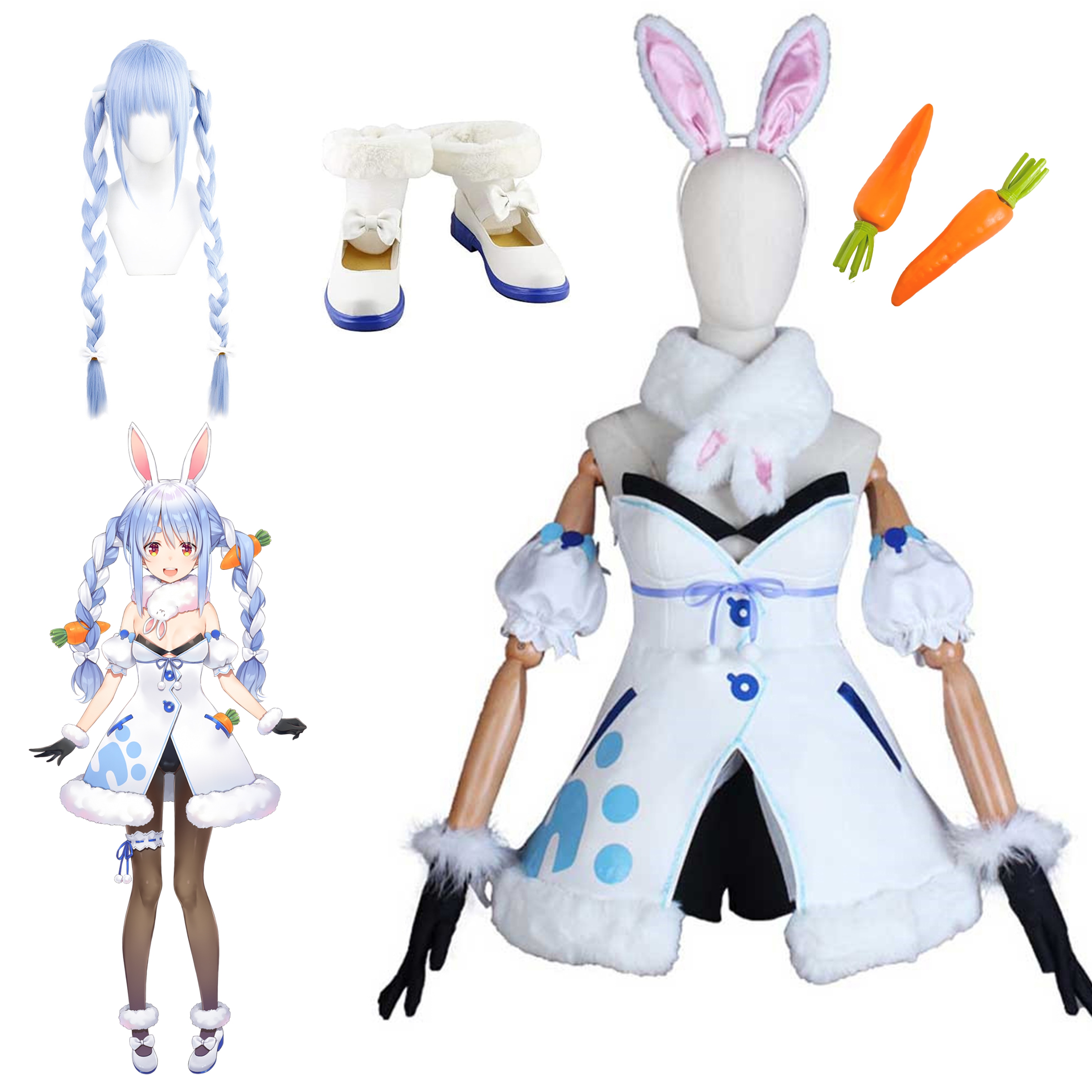 コスプレ衣装 ホロライブ 兎田ぺこら コスプレ 衣装 うさだぺこら コスプレ 衣装 VTuber 衣装 忘年会 ハロウィン コスプレ衣装＋カチューシャ＋手袋＋人参道具付き ウィッグ 靴 追加可