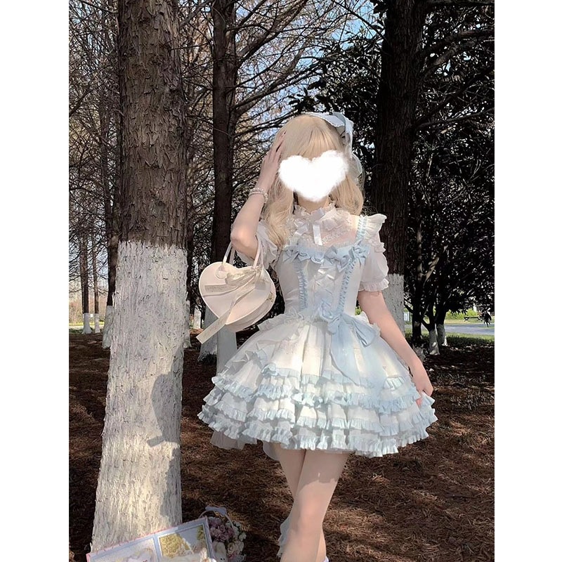 青と白の甘い歌声ドレスロリータドレススーツかわいいロリータレースリボンプリンセスドレス