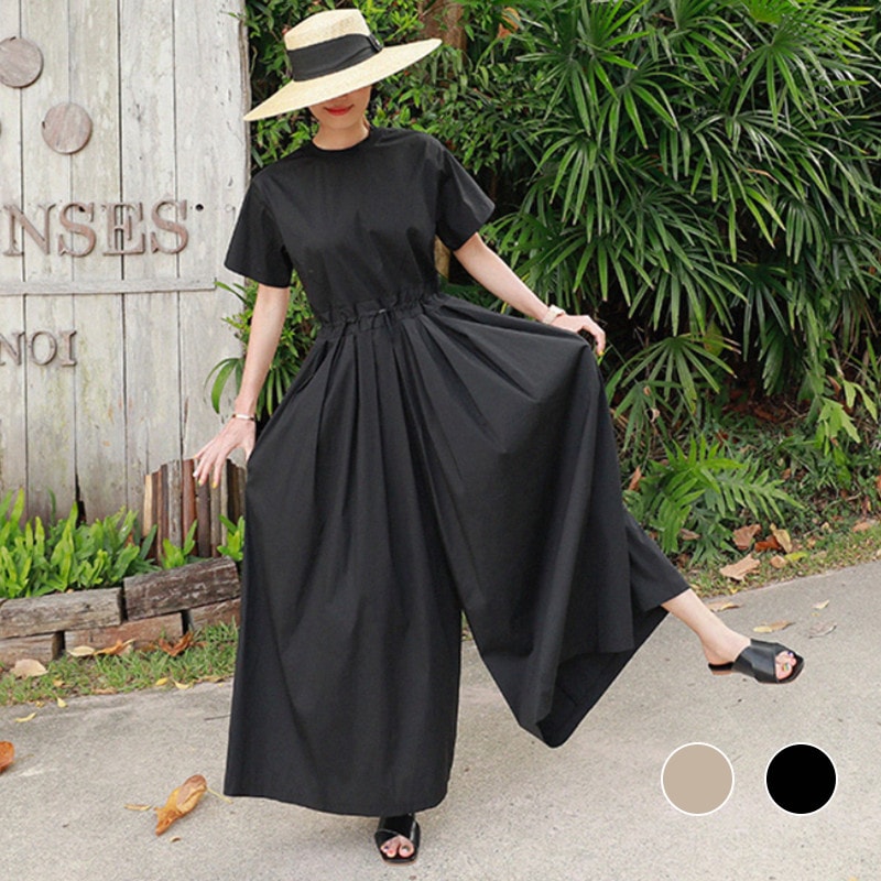 オーバーオール ガウチョパンツ 綿麻混 レディース マキシ丈 麻リネン オールインワン コットンリネン ワイドパンツ 半袖 夏 ロング丈 九分丈パンツ ゆったり 大きいサイズ 着痩せ