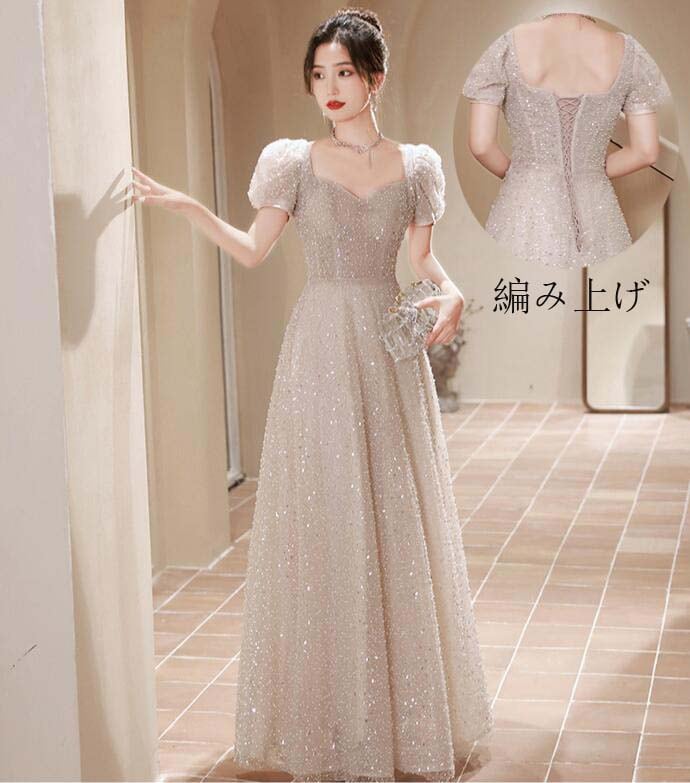 高品質新入 ロング丈ワンピース 高級感 Aラインドレス 洋服 花嫁の介添え人 ドレス パーティードレス ロングドレス 韓国風 スレンダー プリンセスライン 結婚式 忘年会 半袖 宴会ドレス ステージ