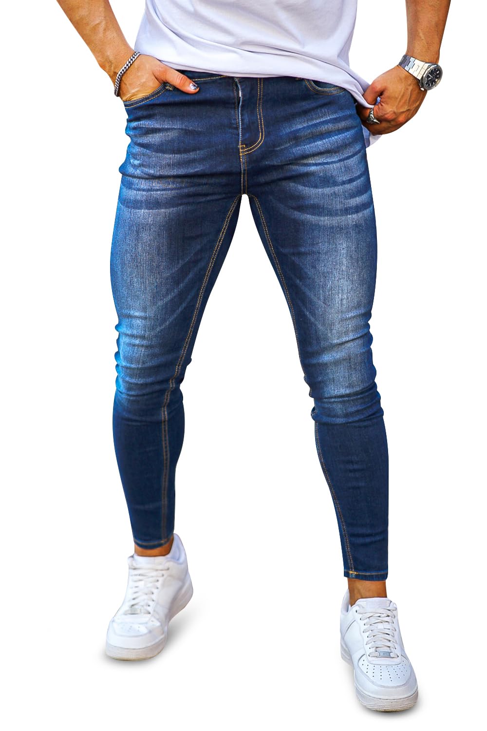 [GINGTTO] メンズ ストレッチデニムパンツ ジーンズ スキニー美脚 ブルー 34