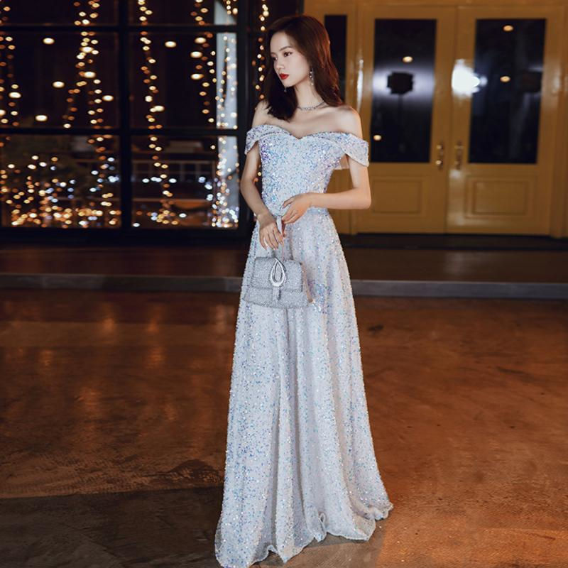 6月の新製品すぐに発送可能 ウェディングドレス ウエディングドレス カラードレス パーティードレス 演奏会 発表会ドレス イブニングドレス オフショルダー ホワイト シルバー スパンコール カクテルド
