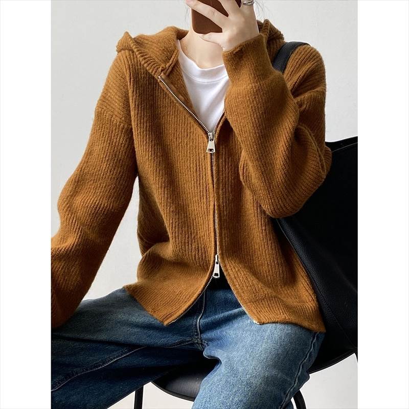 アウター トップス レディース フーディーニット リブニット セーター カーディガン 羽織り ダブルジップ フード付き ドロップショルダー ジップアップ 長袖 大人可愛い きれいめ シンプル カジュア