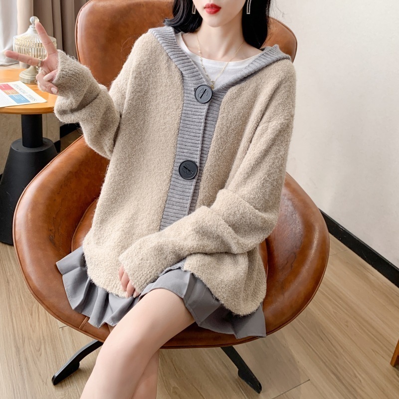 秋冬ゆったり怠惰なスタイルレトロセータージャケットレディースショートフード付きスリムニットカーディガン