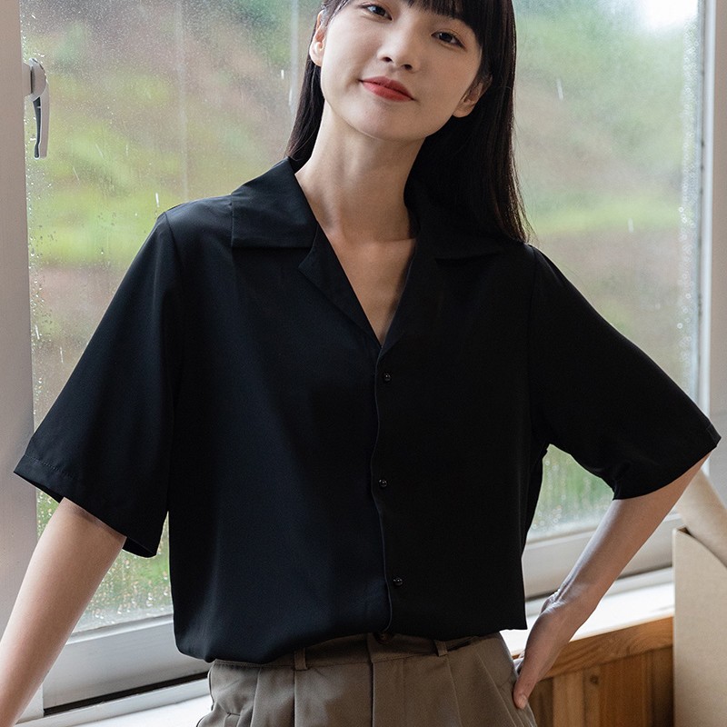 黒 シャツ レディース アウター 半袖 シフォン トップス レディース おしゃれ ゆったり リラックス レディース ドレープ シャツ751362