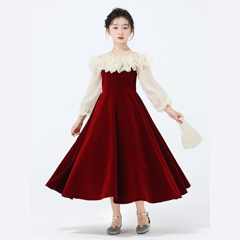 [よい商品]子供ワンピース ドレス 結婚式 フォーマル スカート 女の子 二次会 花嫁 キッズドレス 子供服 パーティー Aラインドレス ワイレッド 子どもドレス 発表会 ピアノ 袖あり コンテスト