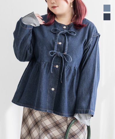 大きいサイズ レディース LL 3L 4L XL XXL XXXL リボンデニムペプラムジャケット
