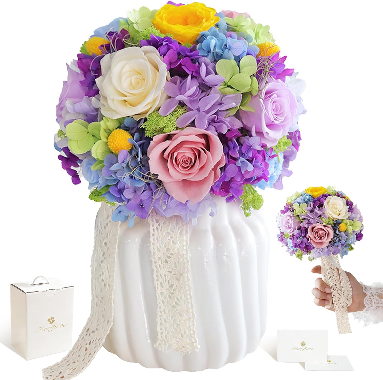 プリザーブドフラワー 薔薇 ウエディングブーケ 白陶器花瓶セット 結婚式 記念日 新居祝い インテリア飾り