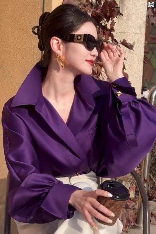 レディース ファッション オシャレ 綺麗 大歳 上品 ハイエンド パープル サテンシャツ 秋 ファッション ランタン スリーブ トップ