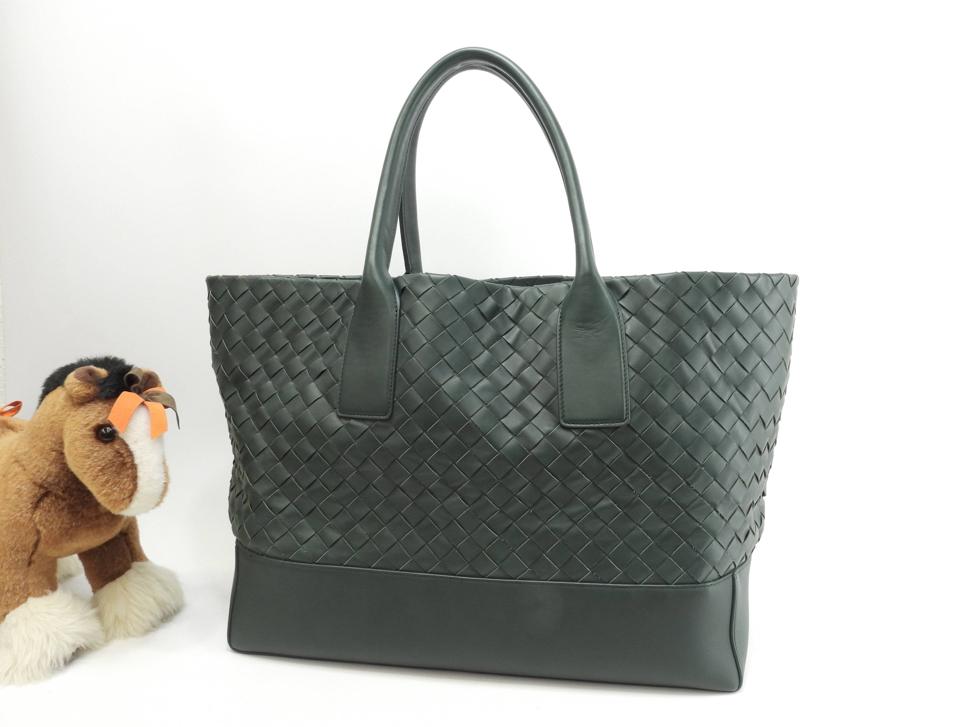 トートバッグ大 中イントレチャート レザー緑 メンズハンドバッグ 美品@B08524158F