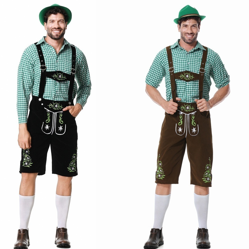 新しいドイツの伝統的なオクトーバーフェスト衣装チェック柄シャツメンズビールサスペンダースーツハロウィンビールスーツ