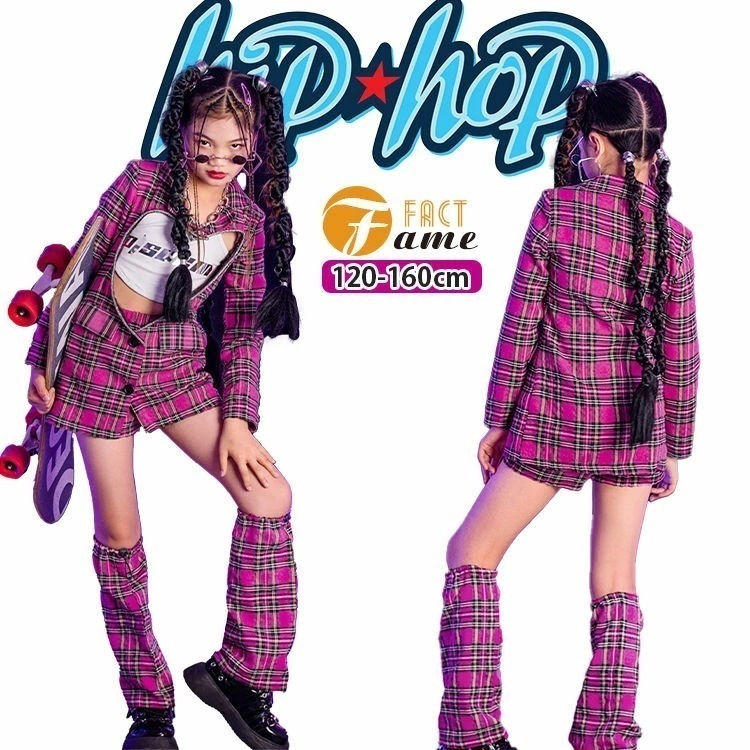人気 タータン キッズダンス衣装 女の子 ブラック ピンク チェック セットアップ アウター 長袖 キャミソール 短パン スーツ風 ハート チアダンス ルーズソックス Y2K 原宿系 k-pop 可愛