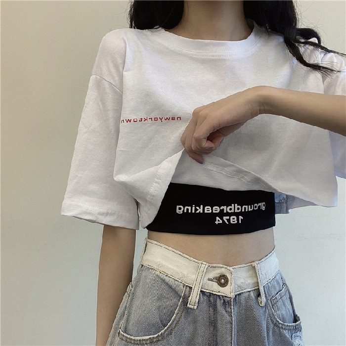 Qoo10] 【半袖Tシャツ】単品二点セットへそ出し短 : レディース服