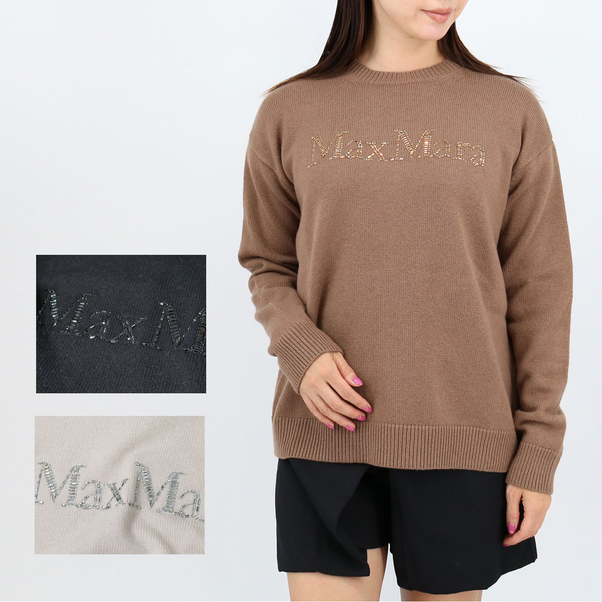 KASSEL カッセル レディースニット カシミヤ ウール セーター ラインストーン クルーネック ビジュー ロゴ ラインストーン ブランド