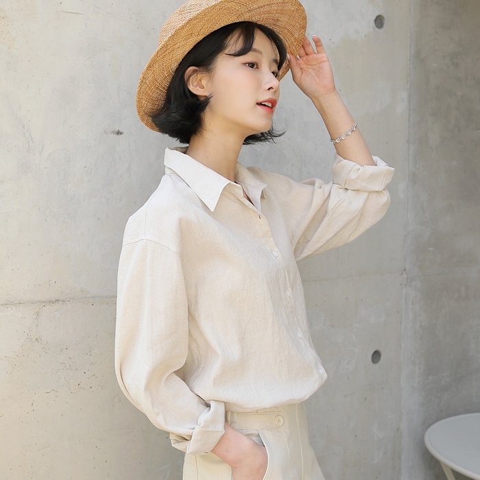 [韓国ファッション] タックスリーブ ロールアップボタンスリーブ リネンシャツ
