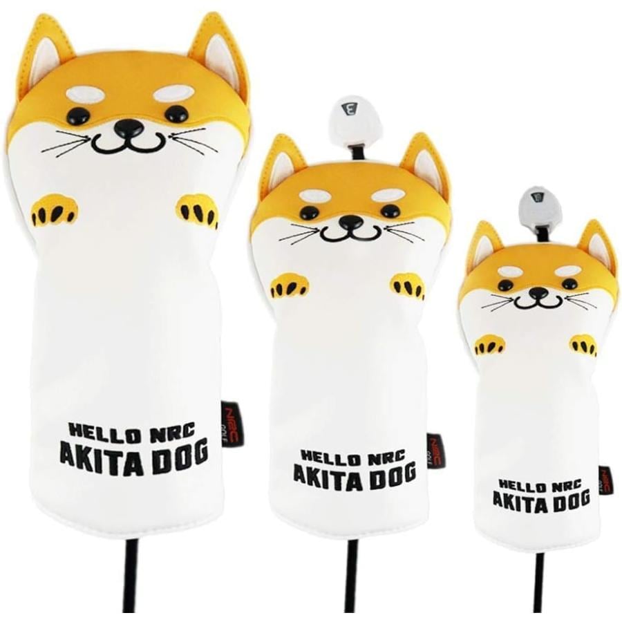 ゴルフ ヘッドカバー 秋田犬 3個セット フード ウッド アイアン パター ハイブリッド (DR/FW/UT) 調節可能 460cc レザー 防水 防錆 プラッシュ PUレザー