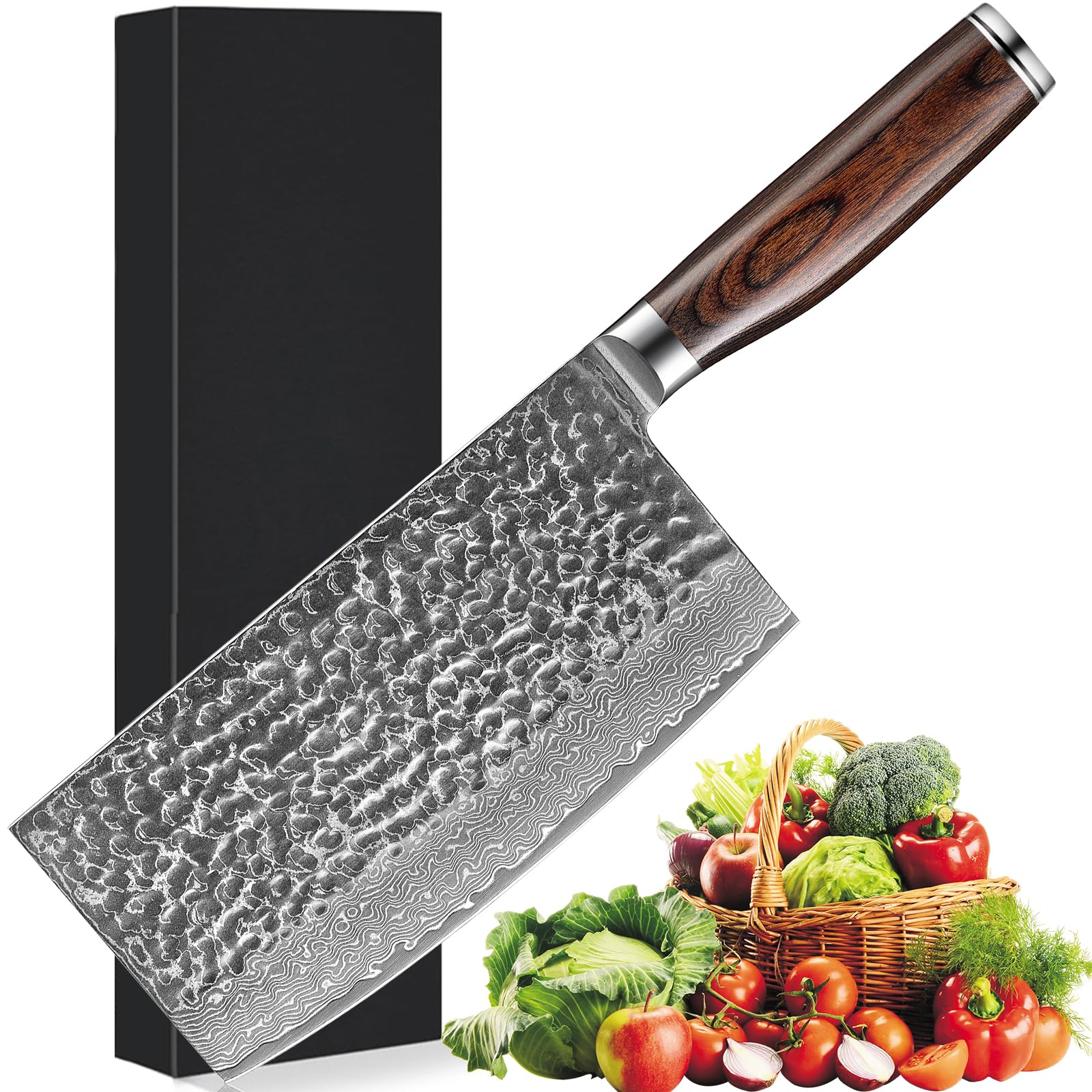 ダマスカス両刃中華包丁 6寸中華菜切包丁・182mm 槌目白波刃紋の59層ダマスカス（VG-10鋼芯） ブラウン色強化積層木柄 中華料理以外にも多様な料理に