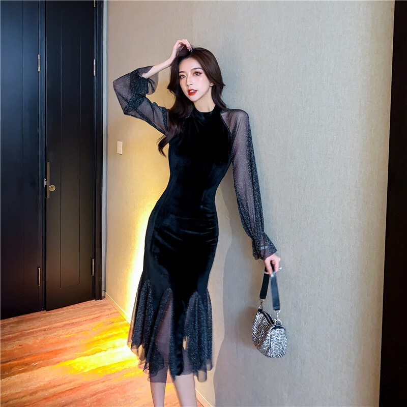 ワンピース ミディアム丈ワンピース タイトワンピース ミディアム丈 長袖 シースルー ラウンドネック タイト セミフレア かわいい 大人可愛い きれいめ シンプル 上品 おしゃれ かっこいい レトロ