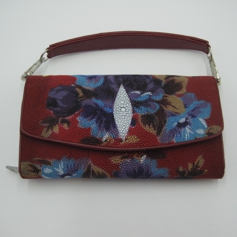 エイ革　スティングレイ　(7)赤地＋花柄　2way　ハンドバッグ　ショルダーバッグ　高級感　貴賓　金運UP