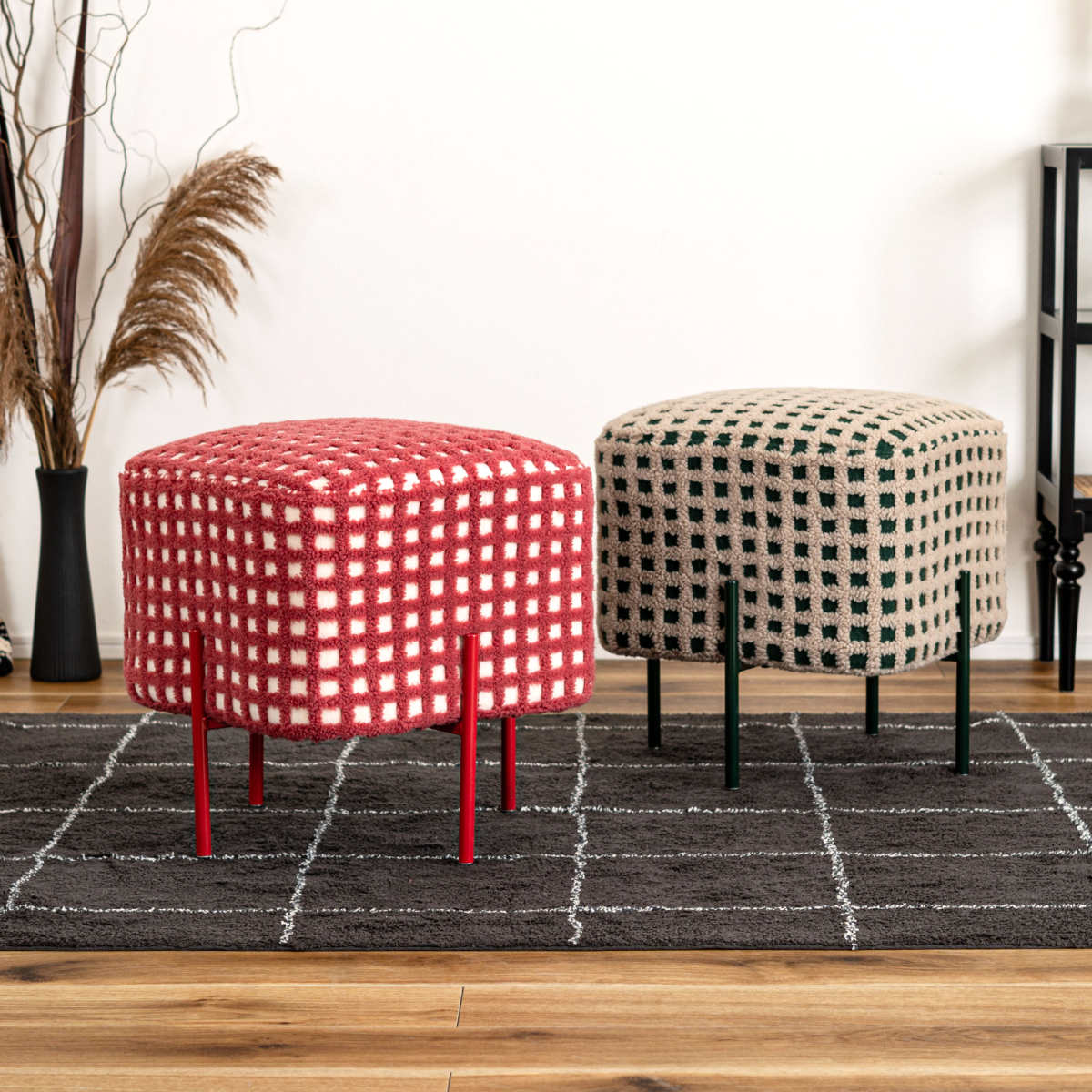 スツール 高さ45cm ボア素材 スチール脚 椅子 イス いす チェア チェアー オットマン 腰掛け 四角 玄関 ダイニング ふんわり 簡単組立 ファブリック 布 おしゃれ シンプル スチール