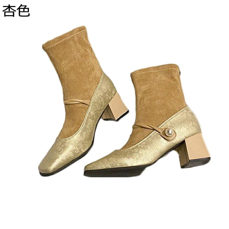 ショートブーツ ブーティ スエード レディースブーツ ハーフブーツ 秋靴 冬靴 メリージェーン風 パール 光沢感 シルク感 粗いかかと ソックスブーツ 弾力性 ストレッチ クッション 柔らか