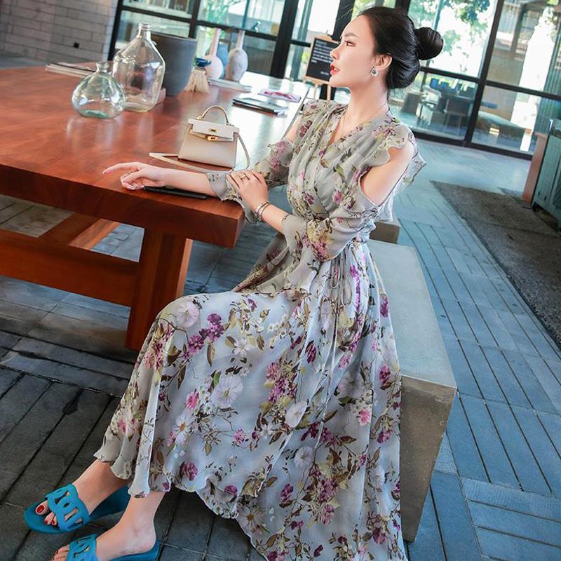 ワンピース レディース きれいめ マキシワンピース 夏 長袖ワンピース 花柄フレア Vネック 肩空き aラインスカート ひざ下 オシャレ大人 結婚式ドレス