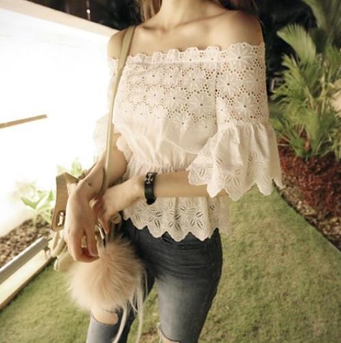 2149.フラワー レース オフショルダー トップス(ホワイト)